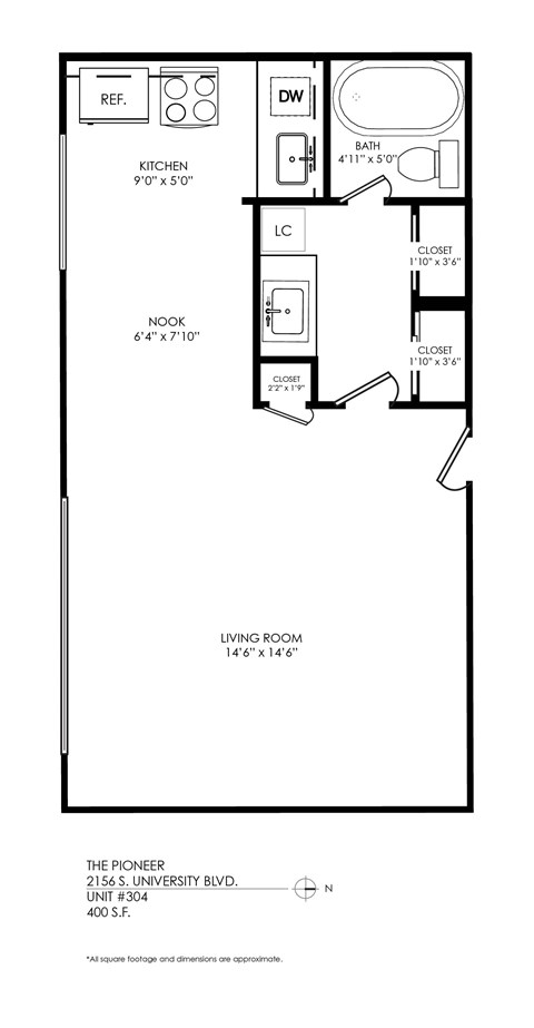 Floor plan for studio, 1 bath, 395 sqft